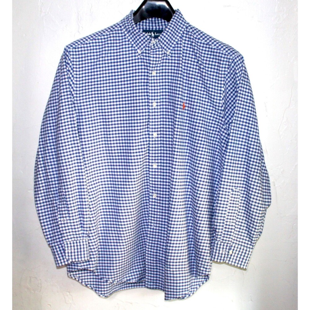 Ralph Lauren Men’s 17 long sleeve shirt plaid blue polo logo preppy